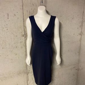 Navy blue v-neck dress with ruching.  Knee length and super flattering.
